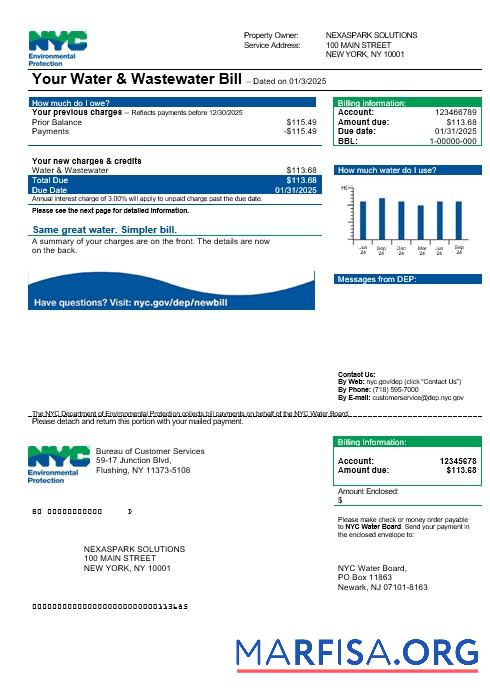 Printable USA The New York City Department of Environmental Protection (DEP) business utility bill template in Word and PDF formats